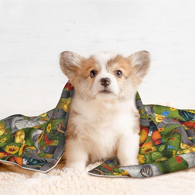 Reversible Pet Blanket for Easy Cleaning Maintenance, Chicken Rooster Garden Flowers Painting, Double Sided Plush Dot Design Means Double Use Between Washes for Convenience