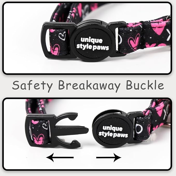 Unique style paws 2 Pack Valentine Kitten Collar Breakaway with Bell&Pendant, Adjustable Safety BlackBerry Pink Love Heart Cat Cotton Collar for Girl Boy Cat and Small Pet