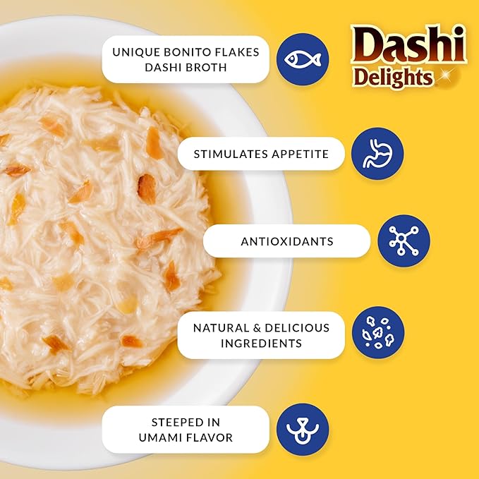 INABA Dashi Delights for Cats, 2.5 Ounce Cup, 6 Cups Total, Chicken with Tuna & Scallop Recipe
