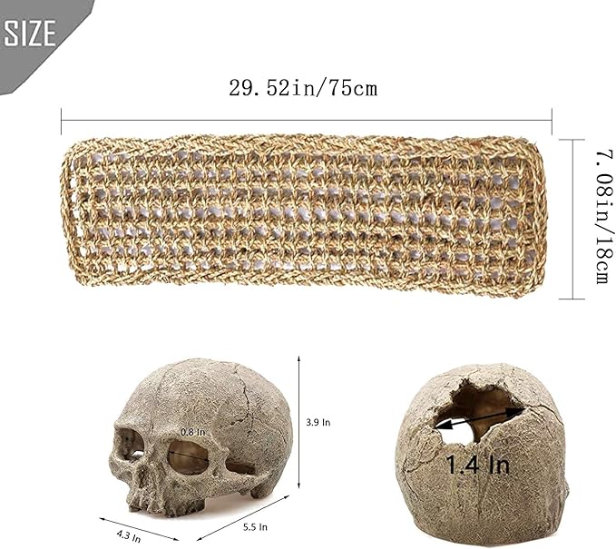 PINVNBY Bearded Dragon Tank Accessories,Reptiles Resin Human Skull Habitat Decor,Lizard Hammock Coconut Shell Hut Hideouts Cave Jungle Climber Vines Leaves Decorations for Chameleon Snake Spider Gecko