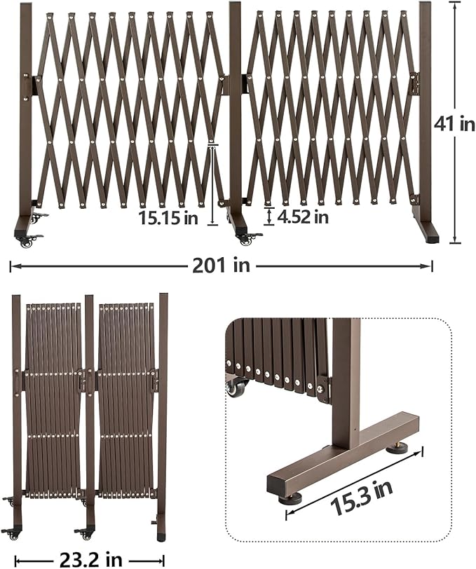 TECSPACE Aluminum Expandable Garden Fence, Portable Barricade Gate with Casters, Adjustable Retractable Fence Mobile Barricade Safety Barrier (Brown, 201×15×41 inch)