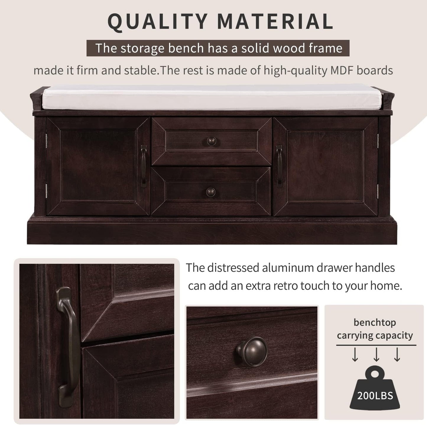 Storage Bench with 2 Drawers and 2 Cabinets, Pine Wood Pine Wood Shoe Bench with Removable Cushion for Living Room, Entryway 42.5" L x 15.9" W x 17.5" H (Espresso)