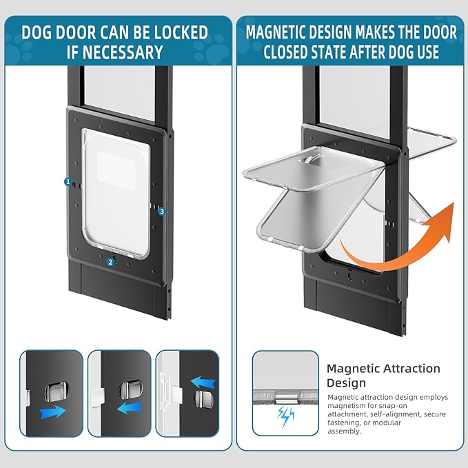 Dog Door for Sliding Glass Door, Magnetic Plastic Flap, Adjustable Height, No-Cut Insert with Lock, Ideal for Renters, Apartments, Patio Black M
