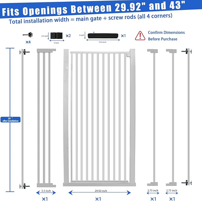 59 Inch Extra Tall Pet Gate for Cats,29.5-43" Adjustable Wide Dog Gates,No Drilling Pressure Mounted Walk Through Tall Cat Gate for Doorways,Hallway,Stairs