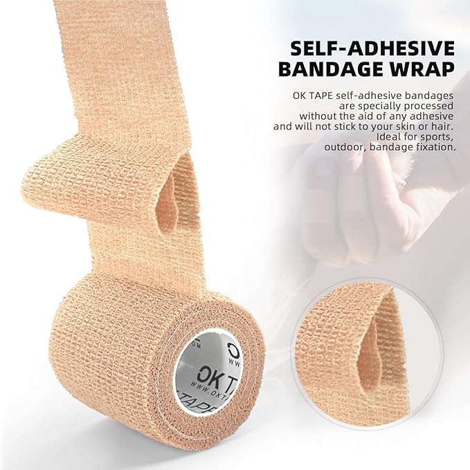 OK TAPE Self Adherent Cohesive Bandages Wrap - 24Packs, 1" x 5 Yards, Non-Woven Self Adhesive Bandage Wrap for Thumb, Finger, Wrist, Ankle, Vet Wrap Bandages Tape (Beige)