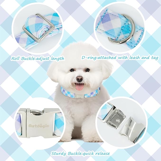Cotton Collar for Dog，Soft Adjustable Dog Collars for Medium Dogs, Cute Dog Collar with Blue & White Plaid for Small Medium Large Dogs, Perfect for Girl or Boy Dog Collars-M