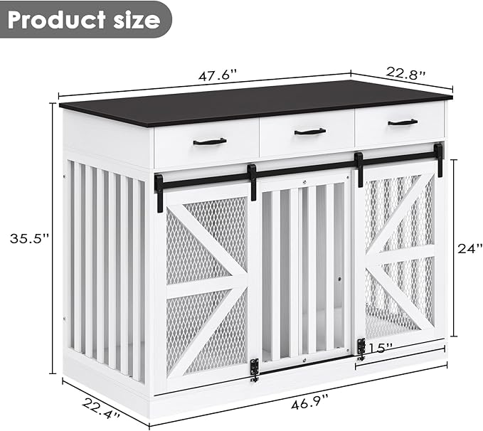 2-in-1 Farmhouse Dog Crate Furniture - Wooden Large Dog Kennel with Drawers Storage - Double Doors - Indoor TV Stand - Inner Height: 24 Inches - Ideal for One Big Dog or Two Small Dogs