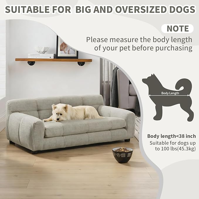 38" Pet Sofa Couch for Small and Medium Dogs, Soft Foam Cushion Dog Couch with Backrest & Armrests, Short Leg Stable Design, Durable Linen Fabric Pet Bed, Modern Style