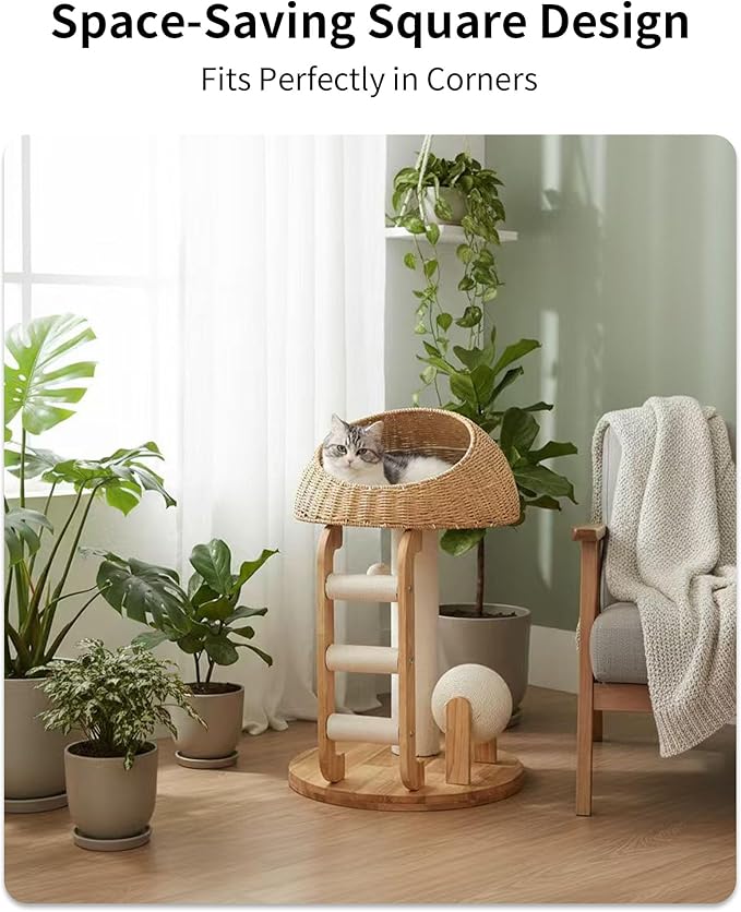 Wood Cat Tree for Large Cats, Modern Cat Tree Tower with Wide Shelves Cotton Scratching Posts, Super Sturdy Base, Cozy Perches, and Interactive Toys for Indoor Kittens