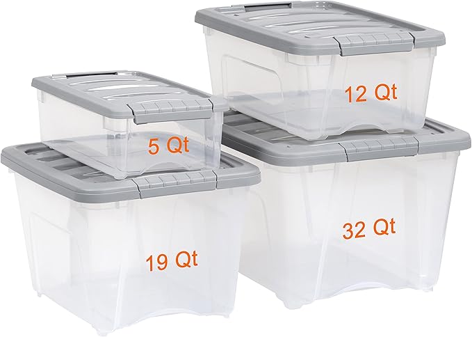 Amazon Basics Plastic Storage Containers with Secure Latching Lids, Stackable Organization Bins, Clear/Grey, 19 Quart, Set of 6