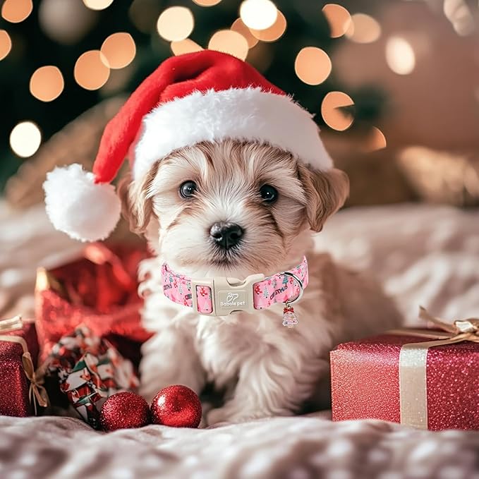 Christmas Dog Collar for Medium Dogs - Cute Xmas Tree Print Pink Christmas Collars for Dogs, Soft Adjustable Winter Holiday Dog Collars with Quick Release Buckle M