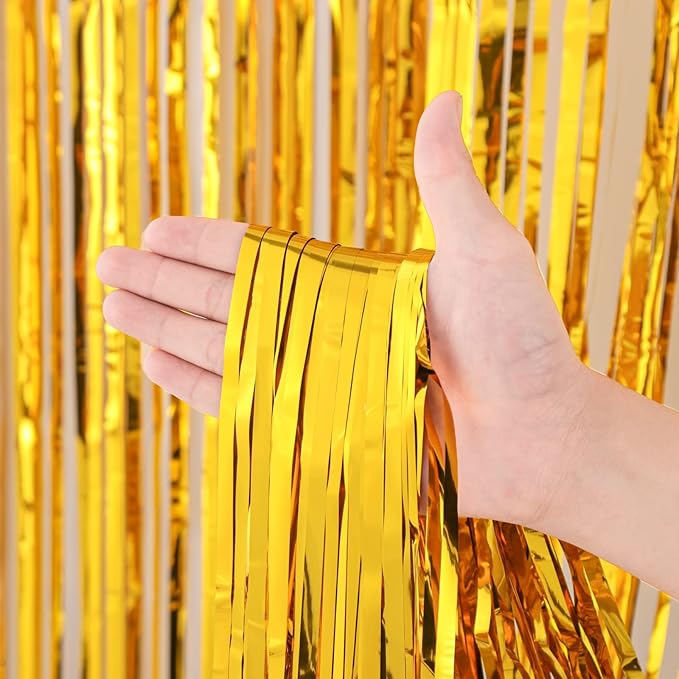 3 Pack 3.3x8.2 Feet Gold Foil Fringe Backdrop Curtains, Tinsel Streamers, Fringe Backdrop for 2025 New Years Eve, Graduation, Birthday, Baby Shower, Gender Reveal, Disco Party