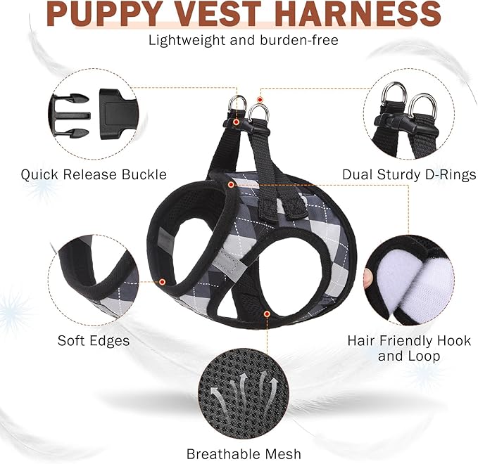 SCENEREAL Small Dog Harness and Leash Collar Set, Step in No Pull Soft Mesh Dog Harnesses for Small Medium Sized Dogs Puppy and Cats Outdoor Walking, No Chock Reflective Vest Harness, Black Plaid XS