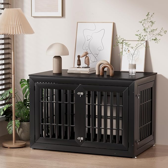 48" Heavy Duty Dog Crate Furniture for Small,Medium and Large Dogs,Rustic Wooden Dog Cage Kennel Indoor Furniture with Waterproof Top,Decorative Pet House Side End Table (Black)