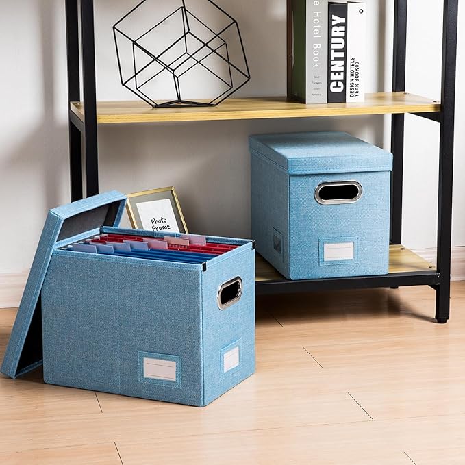 PRANDOM File Organizer Box - Set of 2 Collapsible Decorative Linen Filing Storage Hanging File Folders with Lids Office Cabinet Letter Size Blue (14x9.3x10.8 inch)