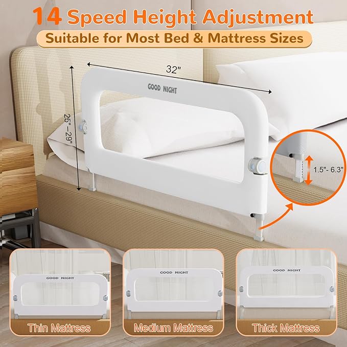 Bed Guard Rail for Toddlers - 32" Adjustable Heights & Folding up Portable Bed Railing for Baby - Toddler Bed Rails Guard for Crib, Twin, Bunk,Full Size, Queen & King Bed(White)
