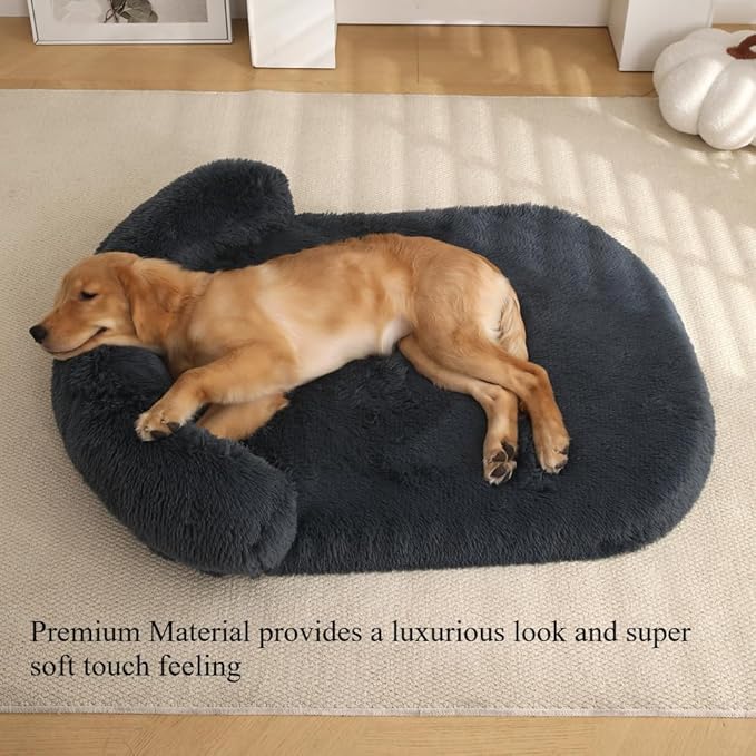 Calming Dog Bed - Fluffy Plush Mat with Removable Washable Cover | Furniture Protector for Large Dogs & Cats(Dark Grey,21.65X15.75X4.33in)
