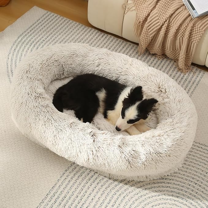 Glow Pups Calming Dog Bed, Memory Foam Bolster, Luxurious Faux Fur, Cozy Oval Design, Machine Washable Cover, Light Grey (41.3 x 29.5 x 9.8)
