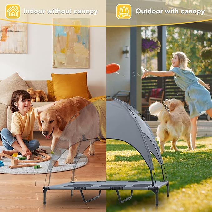 Elevated Dog Bed with Canopy, 48-inch Waterproof Pet Cot, Portable Outdoor Pet Bed with Carry Bag, Indoor/Outdoor Cooling Canopy Dog Tent for Large Dogs (Gray)
