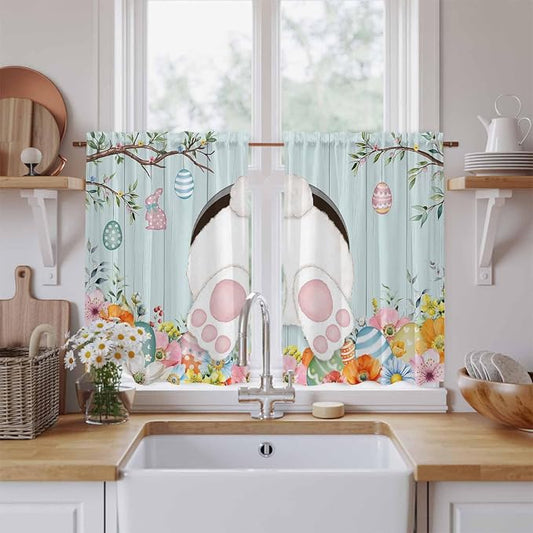 Easter Bunny Kitchen Tier Curtains 45 Inch Long 2 Panel Set, Rod Pocket Short