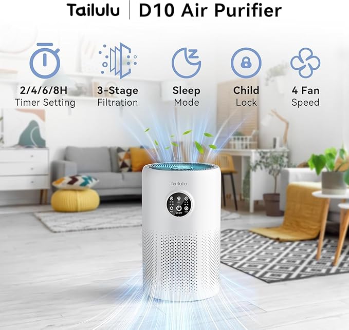 Air Purifiers for Home Pets Large Room Up to 1360 Ft², Tailulu D10 HEPA Air Purifiers for Bedroom with 15dB Sleep Mode, Air Filter for Pet Dander Smoke Odor Dust Pollen with Timer Fragrance Sponge