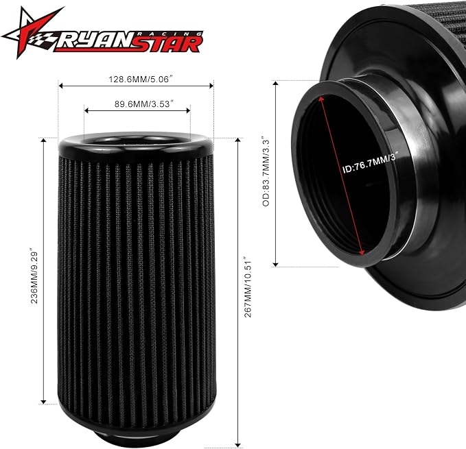 RYANSTAR 76mm 3" High Flow Round Tapered Cone Cool Air Filter Cleaner