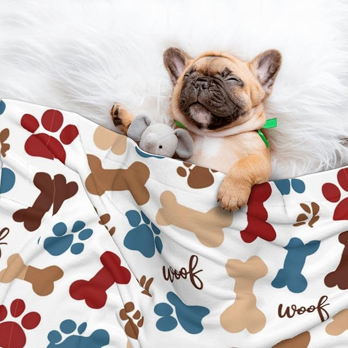 Two Sided Pet Cuddler Blanket for Anxiety Calming, Dog Bones Paw Prints Cream, Reversible Plush Design with Bubble Dot Pattern Provides Familiar Surface Anywhere