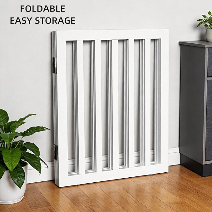 ZJSF Freestanding Indoor Dog Gate for House Foldable Wood White Puppy Gate for Doorways Pet Gate for Stairs Extra Wide Pet Fence 24" Height 4 Panels