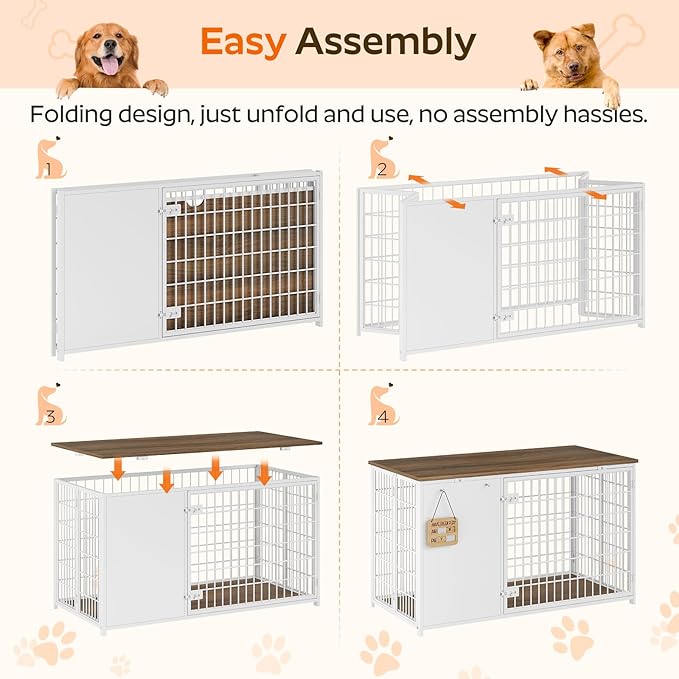 Foldable Dog Crate Furniture, 47.2" Dog Crate with DIY Frame, Heavy Duty Dog Kennel Indoor with Hooks, Wooden Dog Cage End Table, for Small/Medium/Large Dogs, White DC120WH