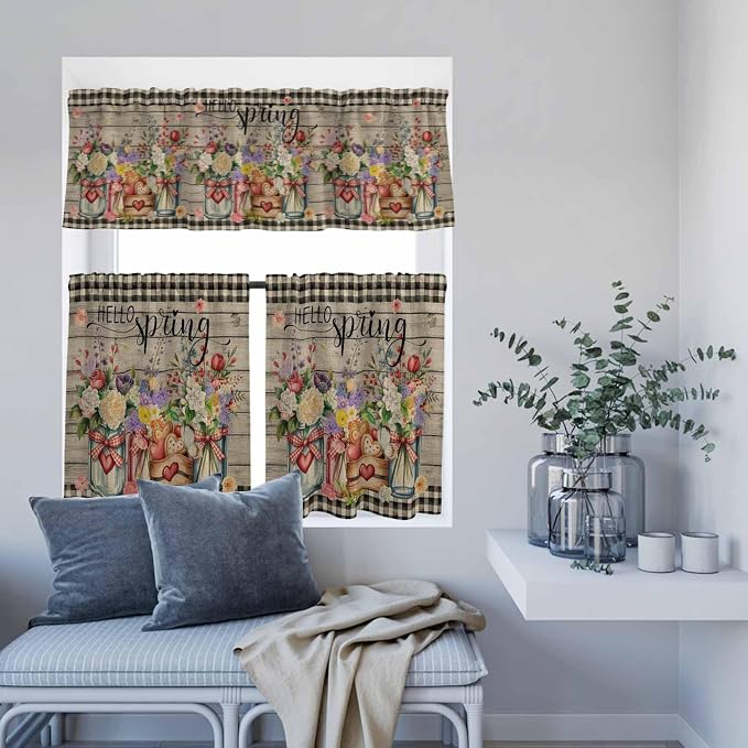 Spring Flowers Kitchen Curtain Set, Farmhouse Vintage Black Plaid Wood Grain