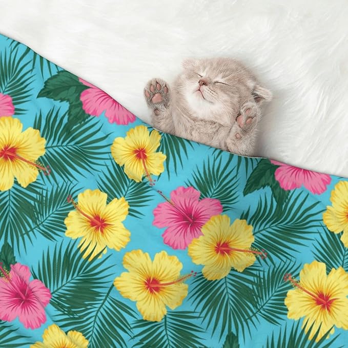 Double Sided Plush Pet Blanket with Cozy Dot Texture and Smooth Reverse, Hawaii Tropical Floral Plants, Reversible Throw for Dogs Cats on Couches Beds Crates