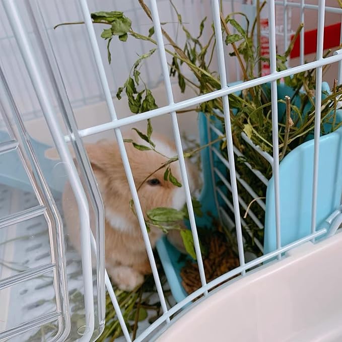 Hamiledyi 2PCS Rabbit Hay Feeders Rack 2 in 1 Feeder Bowls Double Bunny Feed Holder Grass Food Supplies for Chinchillas Guinea Pig Hamsters (Pink+Blue)