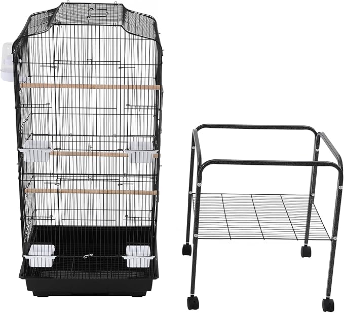 Bird Cage with Universal Wheels, Freestanding Parakeet Birdcage, Large Iron Flight Bird Cages 360° Full Hollow Design Pigeons Parrot, 18x15x54 Inch, with Feeding Bowls, Waterer (Black)
