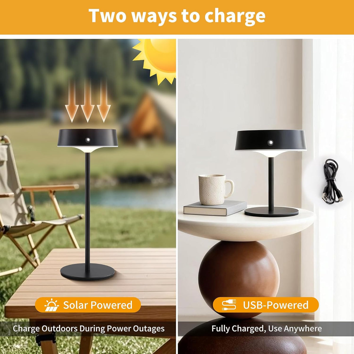 Mr.White Solar Waterproof Outdoor Rechargeable Cordless Table Lamps, Set of 2 Touch Dimmable Operated Battery Table Lights for Patio, Restaurant, Kitchen (Black)