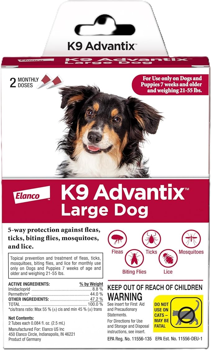 K9 Advantix Flea, Tick & Mosquito Prevention for Dogs 21-55 lbs. | Flea Drops for Large Dogs | Apply Monthly | 2 Treatments