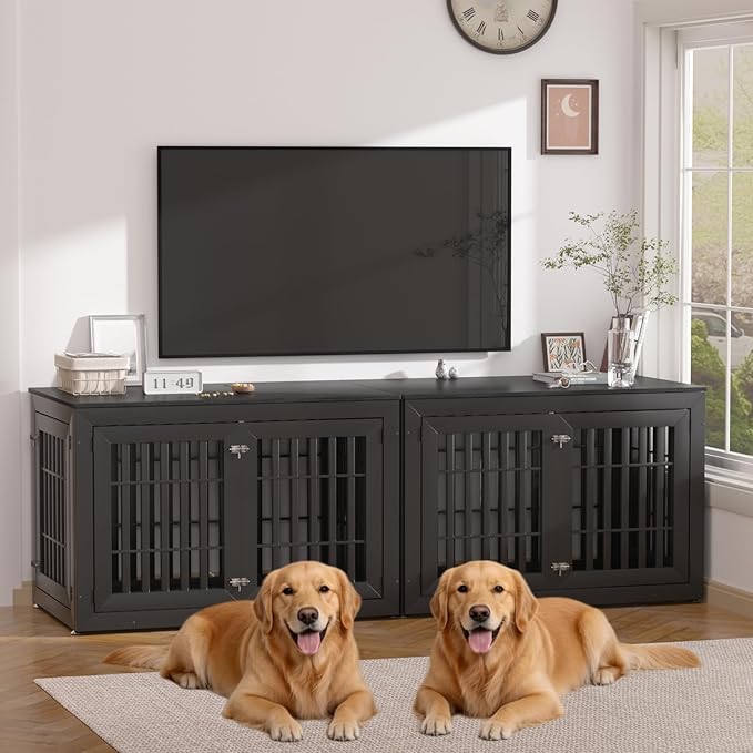 48" Heavy Duty Dog Crate Furniture for Small,Medium and Large Dogs,Rustic Wooden Dog Cage Kennel Indoor Furniture with Waterproof Top,Decorative Pet House Side End Table (Black)