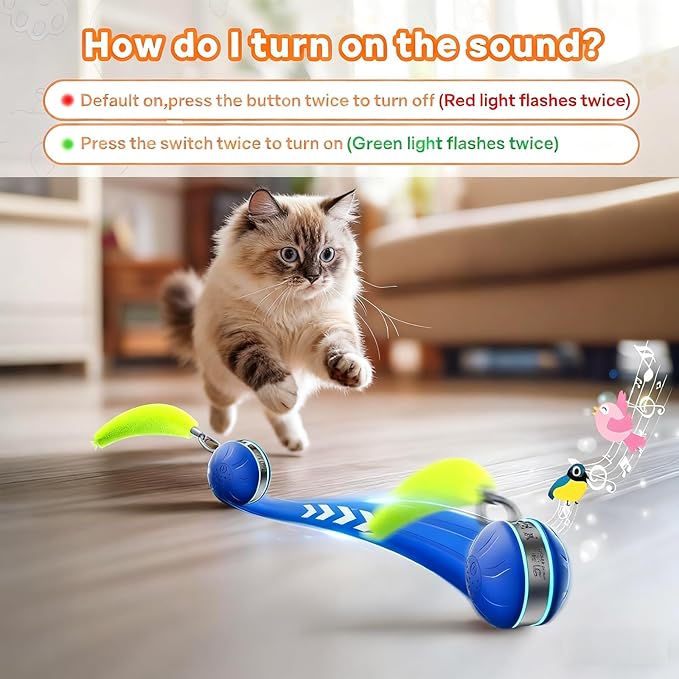 Interactive Cat Toy Ball Automatic Interactive Cat Toys for Indoor Cats with Birdsong 3 Tails 3 Modes Newly Upgraded Speedy 2.0 Tail Cat Toys for Kitten/Small/Medium/Large Cats to Keep Them Busy(Blue)