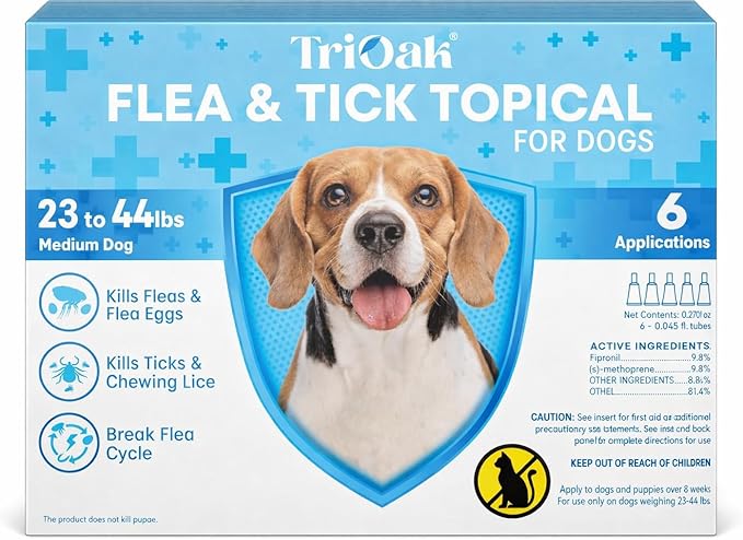Flea and Tick Prevention for Medium Dogs, 6 Doses Topical Flea Treatment, Helps Control Fleas, Ticks and Lice, for Dogs 23–44 lbs, Waterproof, Fast Acting