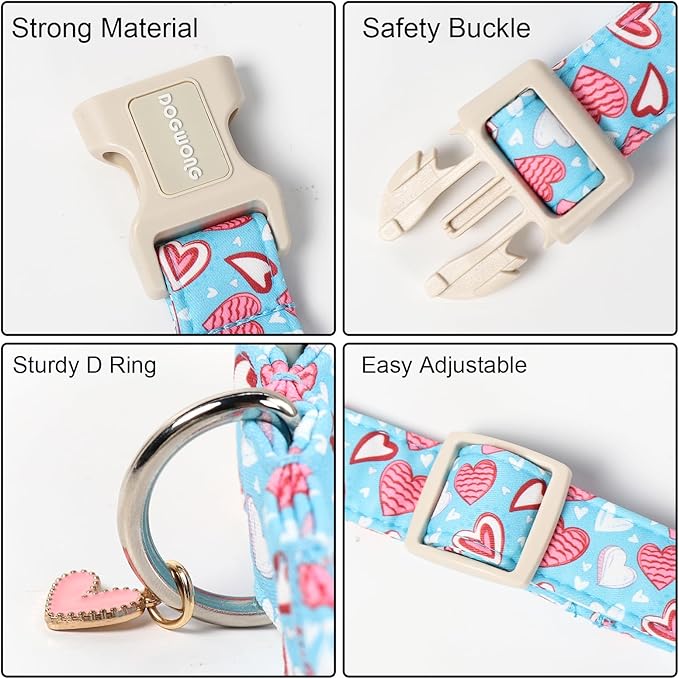 DOGWONG Blue Heart Dog Collar, Cute Valentine Collar, Valentine's Day Dog Collar with Strong Plastic Buckle for Small Medium Large Dogs,L