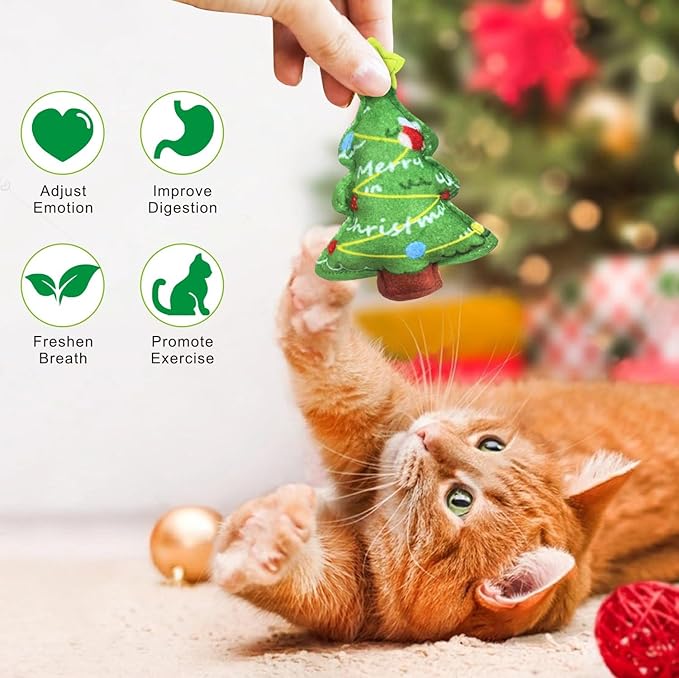 Idepet 6 Pcs Christmas Cat Toys Catnip Xmas Plush Santa Claus Tree Interactive Chew Bite Crinkly Sound Toys for Indoor All Breeds Cats Exercise ﻿