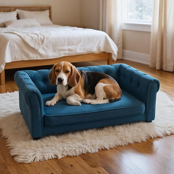 Elevated Dog Sofa with Backrest and Armrests, Button Tufted Pet Bed with Soft Cushion for Medium Dogs, Stylish Lounging Bed Pet Couch Chair for 60Lbs Dog, Blue