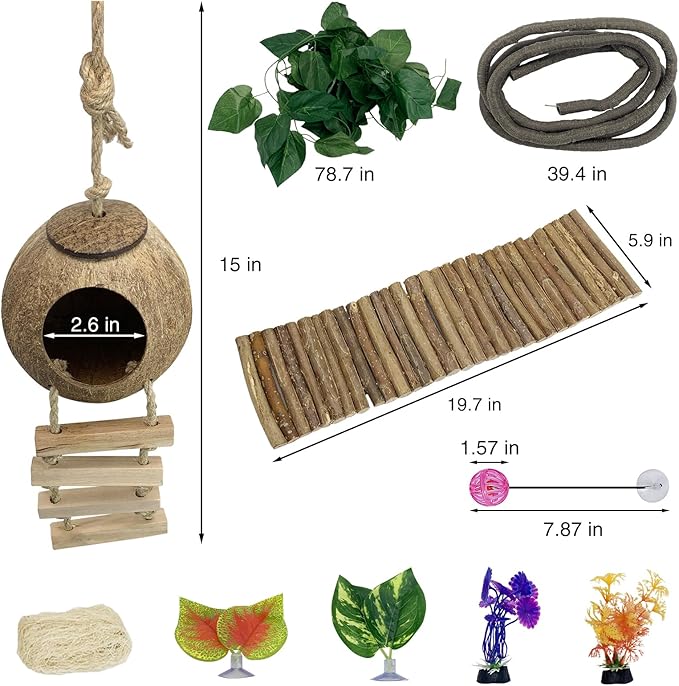 Hamiledyi Leopard Gecko Tank Accessories, 10 Pcs Reptile Vines Plants with Coconut Shell Ladder Hideout Hut Hermit Crab Decor for Bearded Dragon Lizard Chameleon Tortoise Snake Play Rest