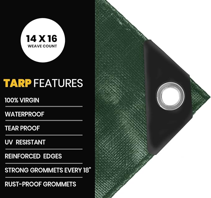 PROTARP Extra Heavy Duty 16 Mil Tarp Cover, Waterproof, UV Resistant, Rip and Tear Proof, Poly Tarpaulin with Reinforced Edges for Roof, Camping, Patio, Pool, Boat. (Green/Black 10′ X 12′)