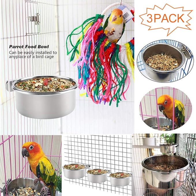 PINVNBY Stainless Steel Bowls for Birds,Parrot Feeding Dish Cups Parakeet Food Water Dishes with Clamp Holder Perches for Cockatiel Budgies Macaw Small Animal Chinchilla(5 Pack)
