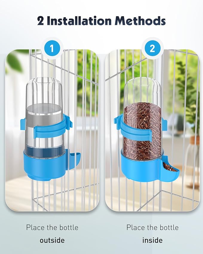 Pawfly Auto Bird Waterer, 2-Pack Cage Dispenser Feeder for Parrots, Hamsters - Small Bird Accessories for Cockatiel, Budgie, Lovebirds (White/Blue)
