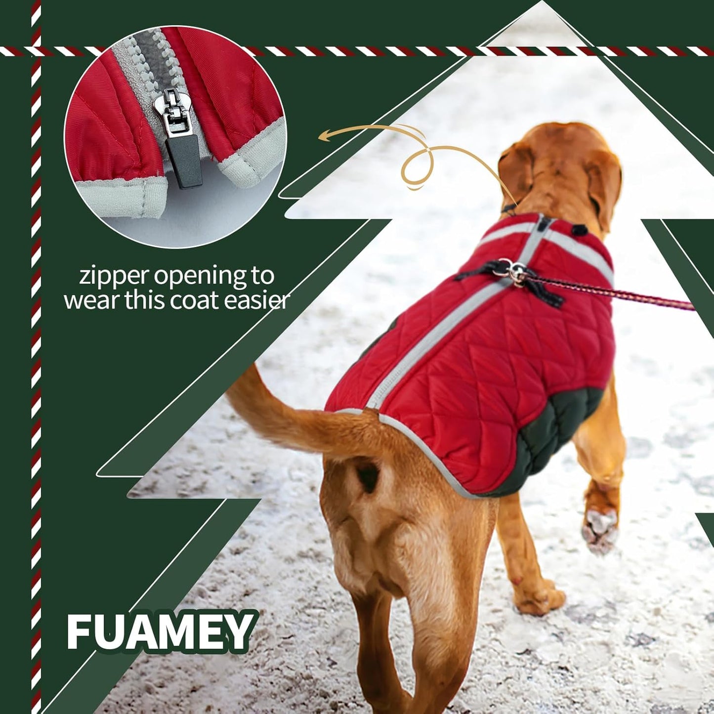 FUAMEY Dog Coat for Large Dogs,Waterproof Dog Winter Jacket with Harness Built in Puppy Cold Weather Coats Reflective Pet Vest with Zipper Warm Fleece Dogs Snowsuit Windproof Christmas XL