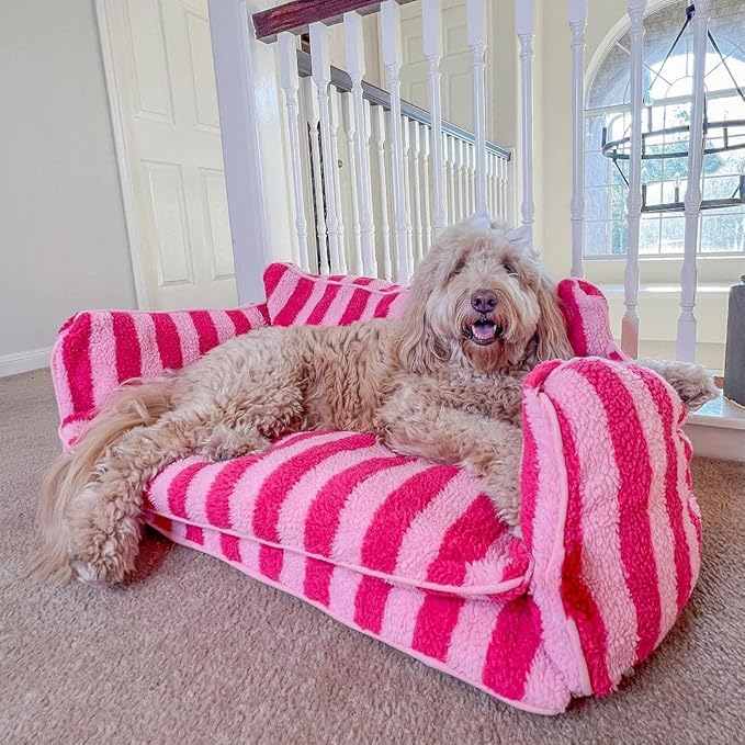 Lazy Holiday Plush Cozy Dog & Cat Sofa Bed, Teddy Velvet Dog Bed, Trendy Striped Faux Lambswool Double Layer Dog & Cat Sofa Bed Dogs Sleeping Mat for Medium Small Dogs & Cats (Black and White,L)