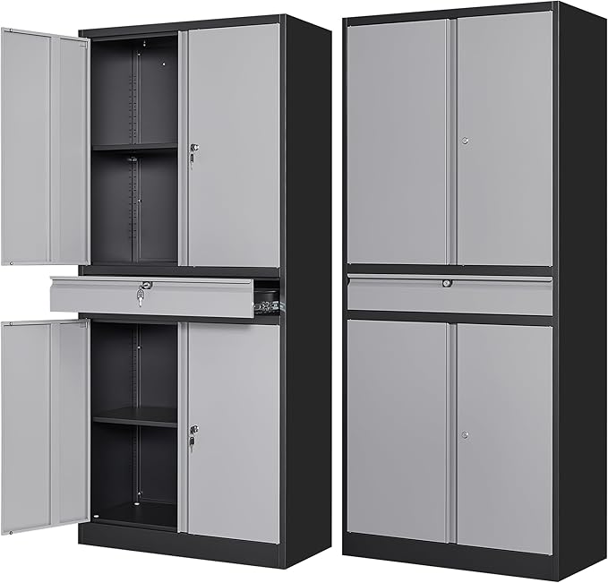 Letaya Metal Garage Storage Cabinet with Drawer,4 Door Tool Cabinet with Lock-2 Adjustable Shelves for Garage Home Office Utility Room (Black & Gray)