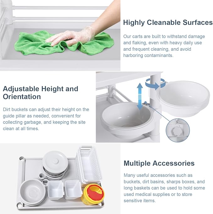 Medical Carts with Wheels 2 Tier Mobile Esthetician Cart 220 LBS Load Hospital Trolley Cart for Ultrasound Scanner Utility Cart with Bucket Sharp Box Storage Basket for Beauty Salon Dental Clinic Home