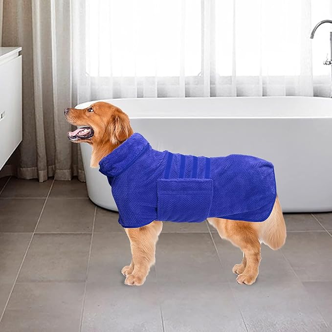 Geyecete Pineapple Grid Fast Drying Super Absorbent Dog Cat Bath Robe Towel - Blue, XL